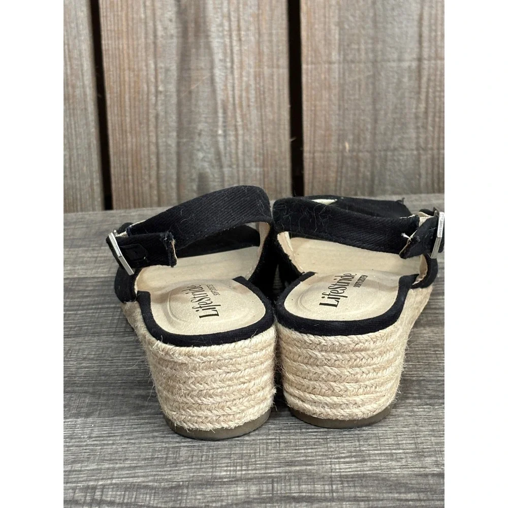 LifeStride Socialite Womens Black Espadrille Wedge Sandals Peep Toe Slingback 7M